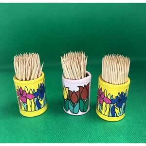 Vtg Toothpick Holder Lot Of 3‎ Floral Paper Set Mod Boho
